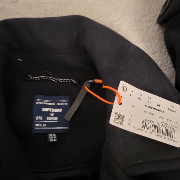 Superdry - Double Breasted Wool Pea Coat - Navy - Picture 5 of 5